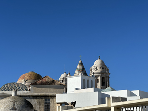 Die markante Dach- und Turmlandschaft der Kathedrale von C&aacute;diz und der direkt angrenzenden alten  Kathedrale